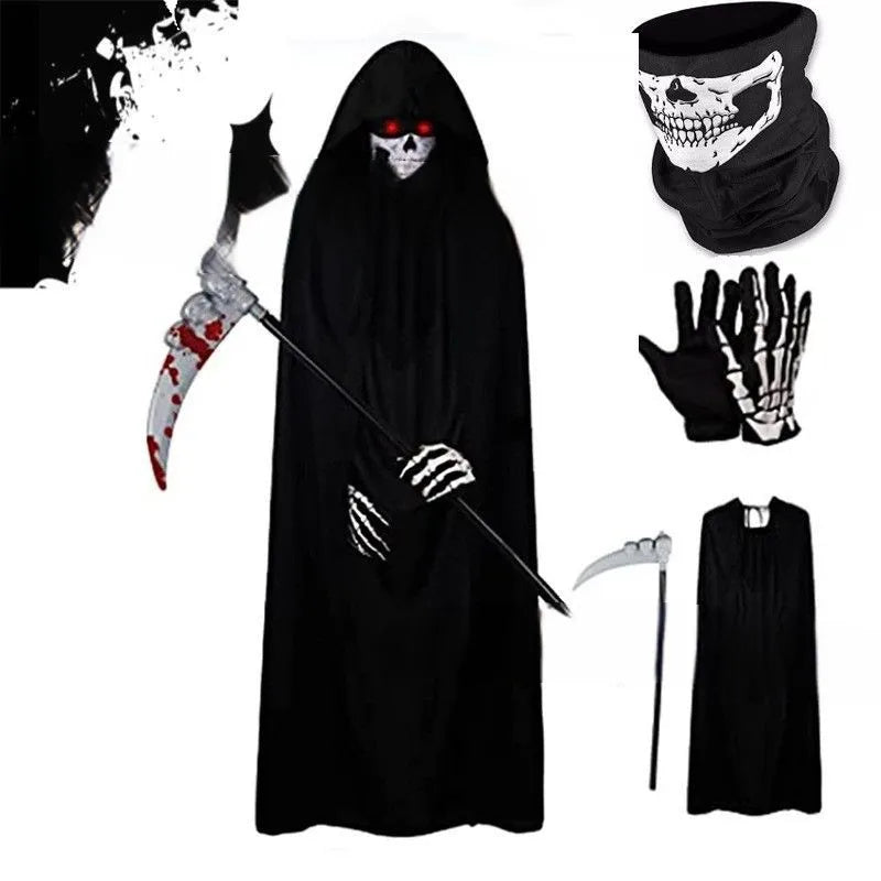 2024 Halloween New Party Role Playing Children Adult Death Black Cloak Halloween Skull Ball Costume Prop Set Children Adult Gift