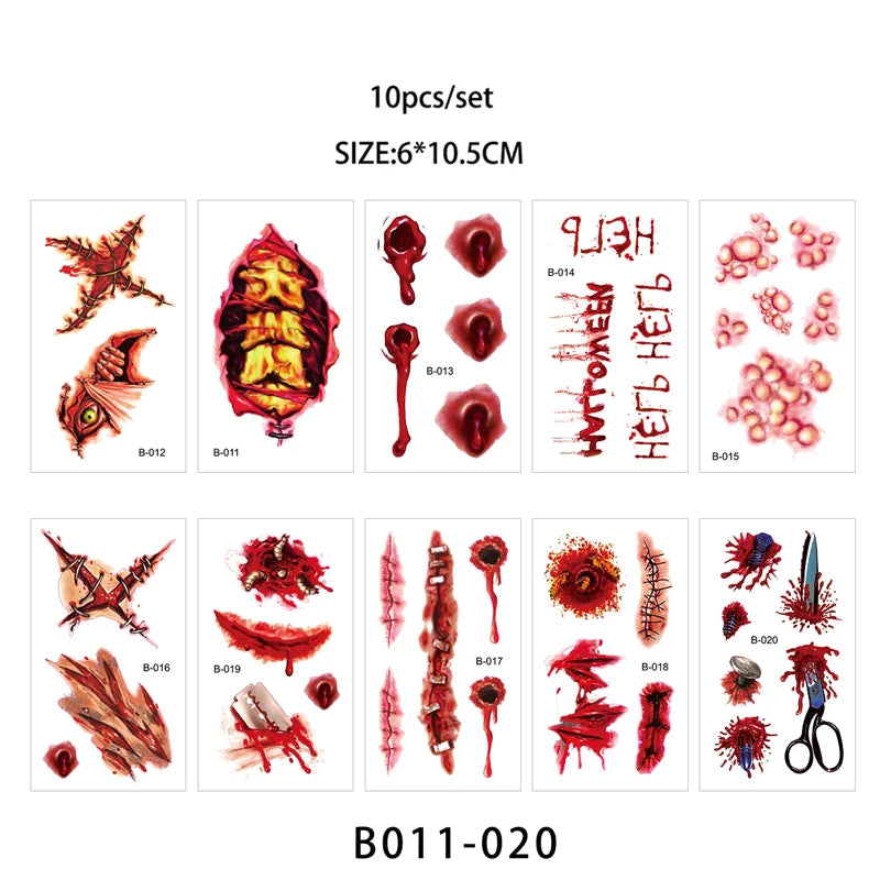 Day of the Dead Halloween Scar Tattoos Stickers Temporary Bloodstain Wound Costume Festival Celebration Make up Arm Face Tattoo