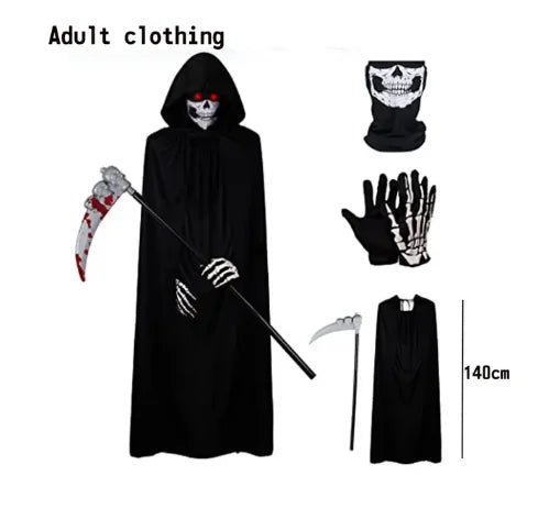 2024 Halloween New Party Role Playing Children Adult Death Black Cloak Halloween Skull Ball Costume Prop Set Children Adult Gift