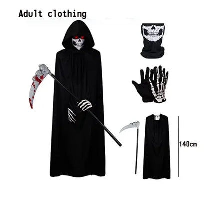 2024 Halloween New Party Role Playing Children Adult Death Black Cloak Halloween Skull Ball Costume Prop Set Children Adult Gift