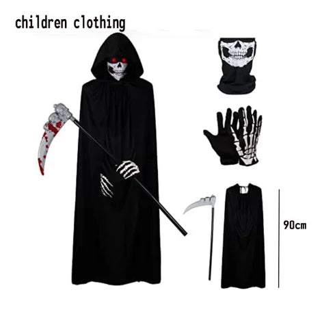 2024 Halloween New Party Role Playing Children Adult Death Black Cloak Halloween Skull Ball Costume Prop Set Children Adult Gift