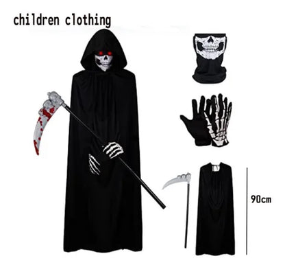 2024 Halloween New Party Role Playing Children Adult Death Black Cloak Halloween Skull Ball Costume Prop Set Children Adult Gift