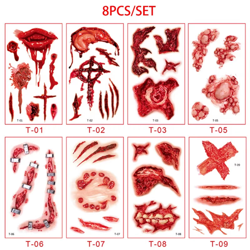 Day of the Dead Halloween Scar Tattoos Stickers Temporary Bloodstain Wound Costume Festival Celebration Make up Arm Face Tattoo